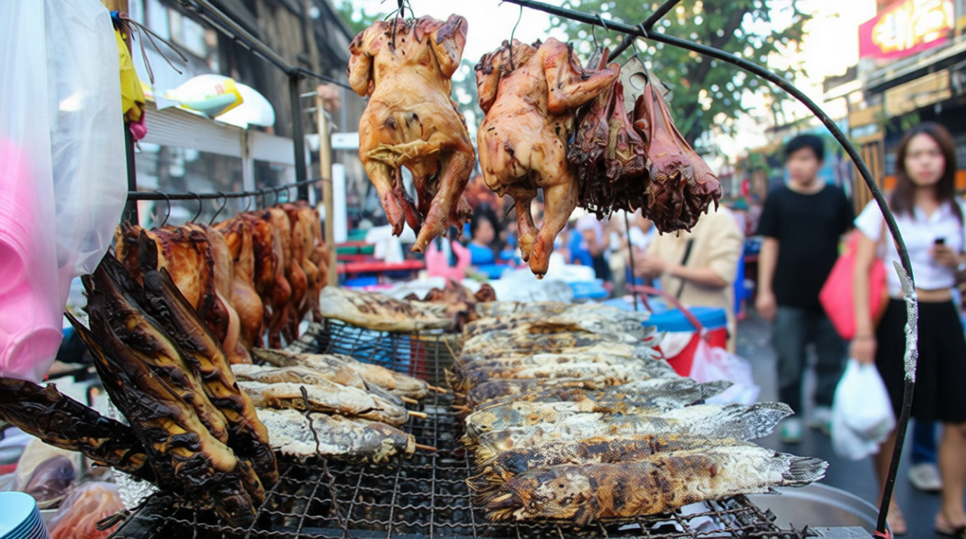 Street food à Bangkok : poissons et volailles grillés sur un stand de rue