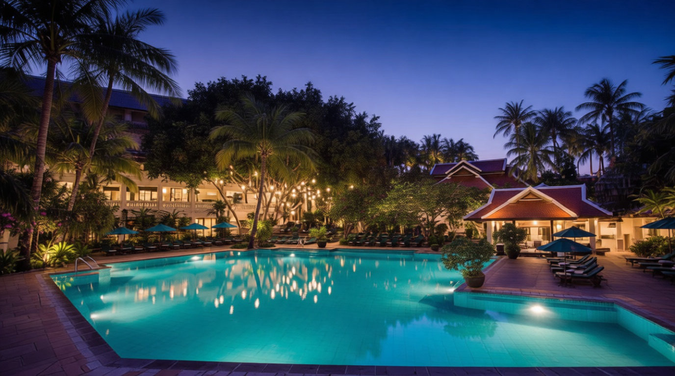 Piscine d'un hôtel de luxe au bord du fleuve à Bangkok