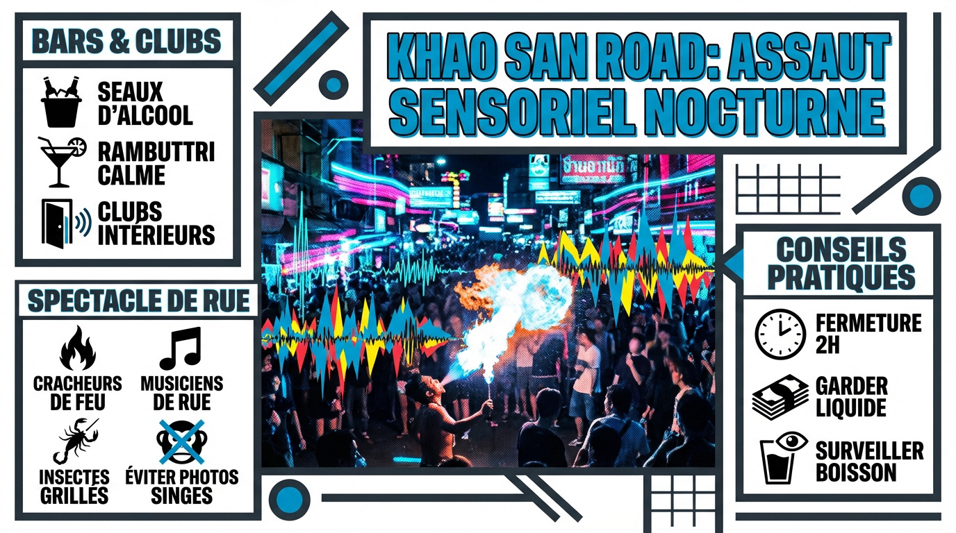 Ambiance nocturne survoltée avec néons et foule sur Khao San Road à Bangkok