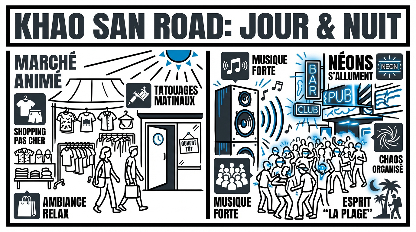 Vue contrastée de Khao San Road entre l'activité diurne et l'effervescence nocturne