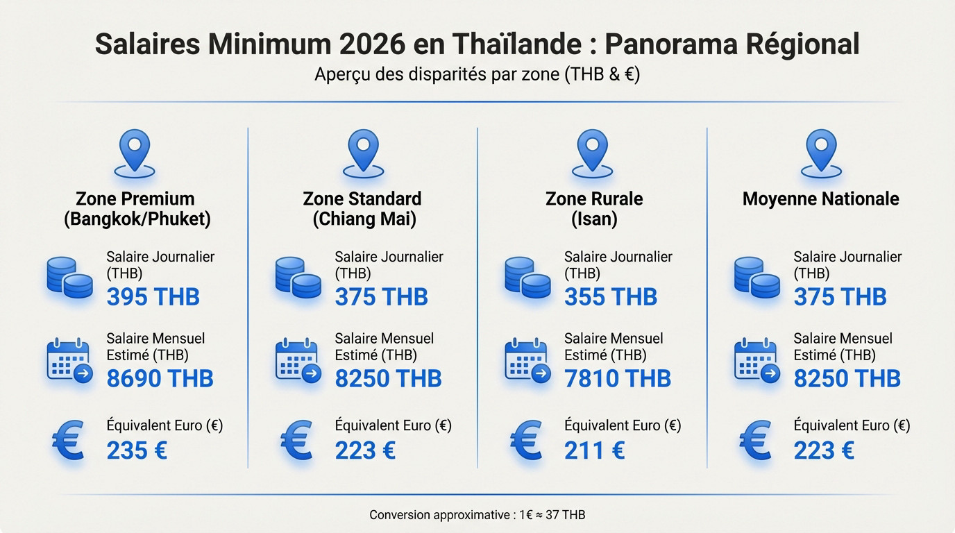 Graphique des prévisions du salaire minimum en Thaïlande pour 2026 par zone géographique