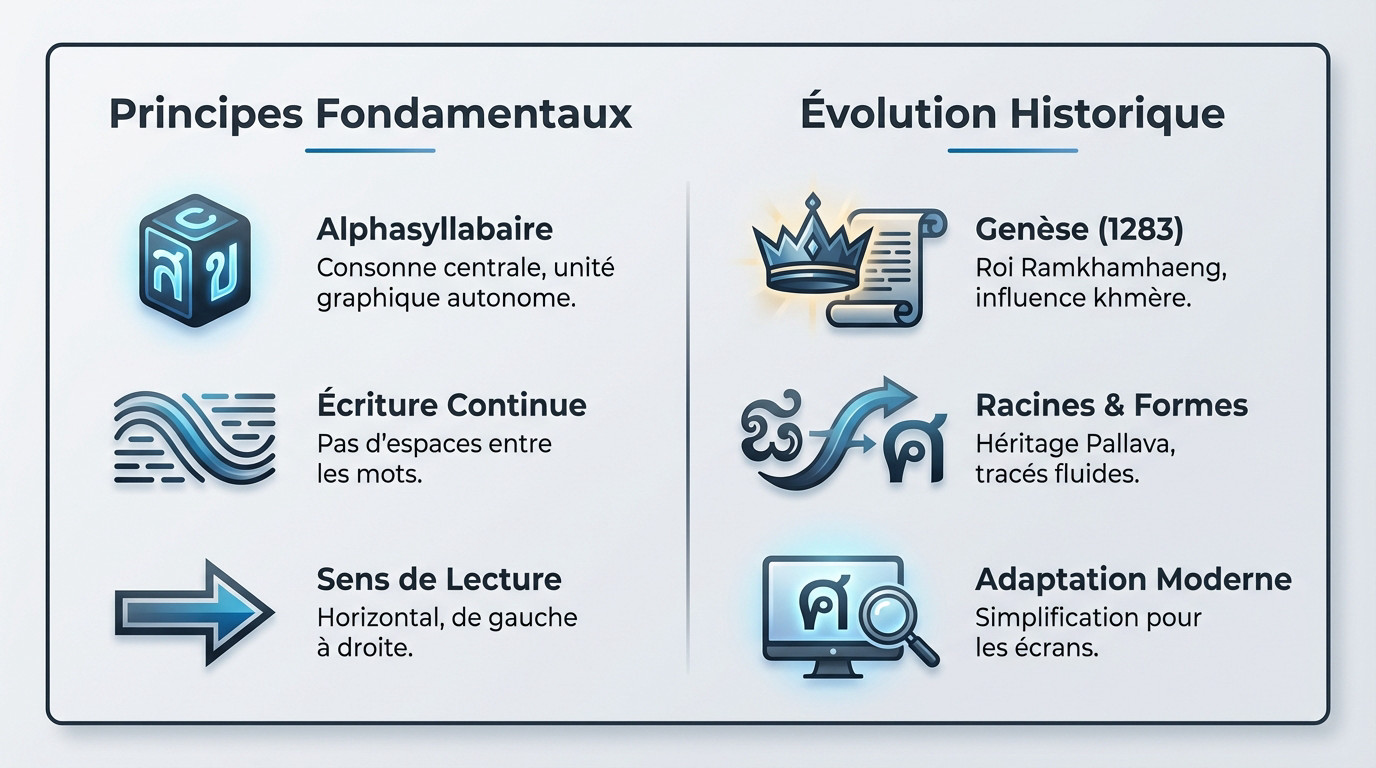 Schéma explicatif de l'évolution de l'alphabet thaï depuis l'écriture khmère et pallava jusqu'aux caractères modernes
