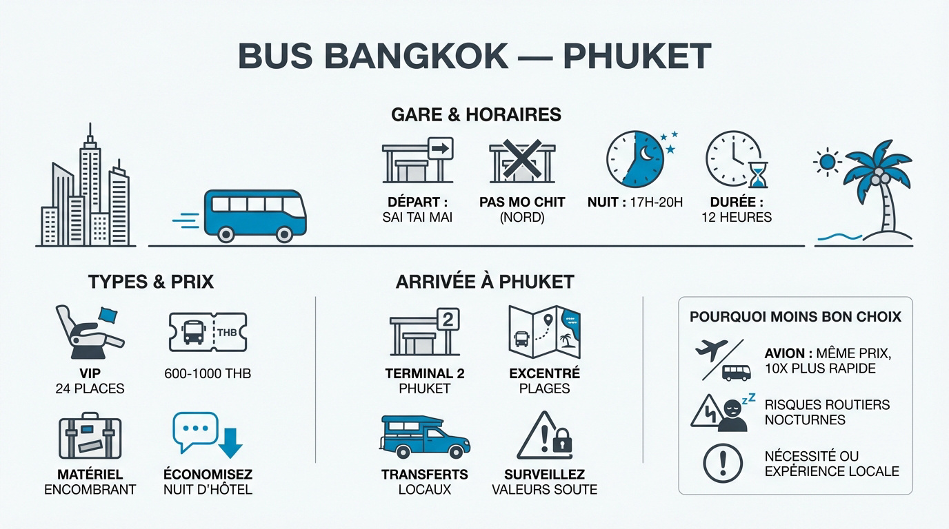 Infographie comparative des transports entre Bangkok et Phuket montrant les options de bus