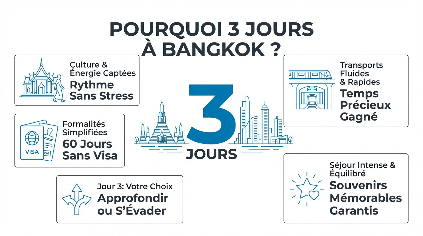 Infographie expliquant pourquoi 3 jours à Bangkok est la durée idéale