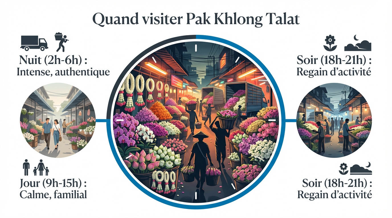 Vendeurs et étals de fleurs fraîches au marché Pak Khlong Talat à Bangkok