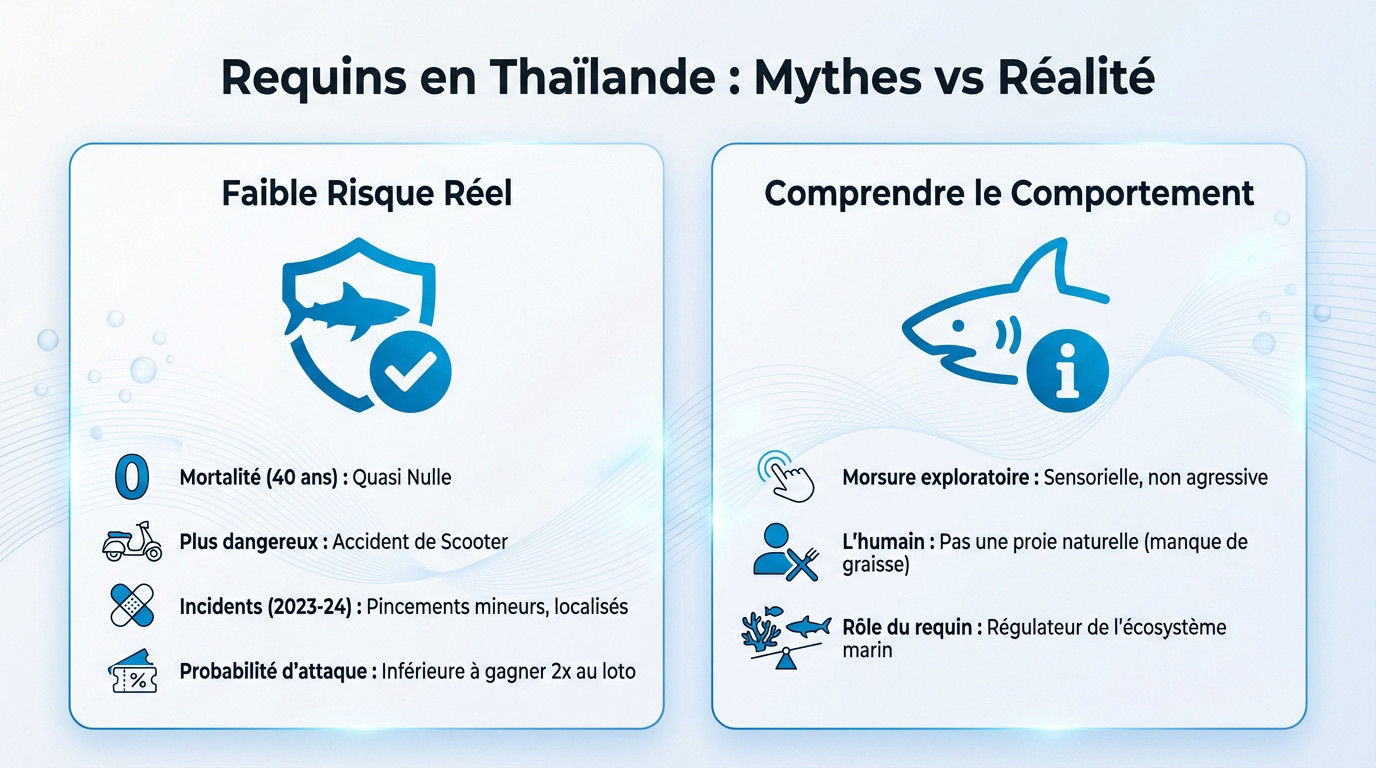 Comparaison visuelle entre les mythes effrayants et la réalité paisible des requins en Thaïlande