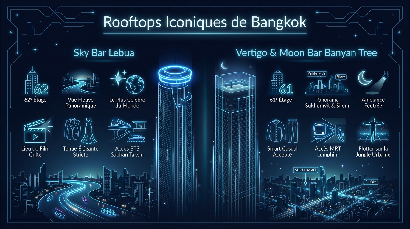 Vue spectaculaire depuis un bar en terrasse à Bangkok au coucher du soleil