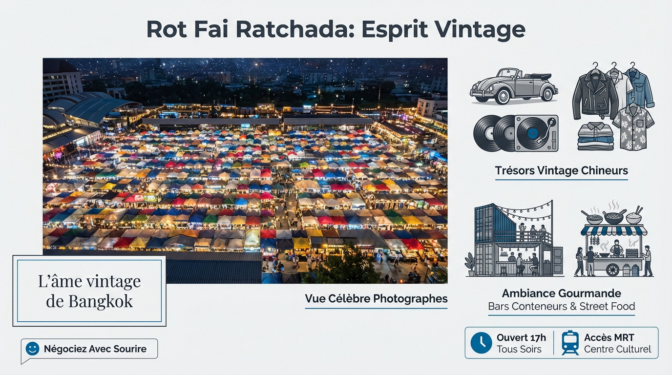 Vue panoramique nocturne des tentes colorées du marché Rot Fai Ratchada à Bangkok