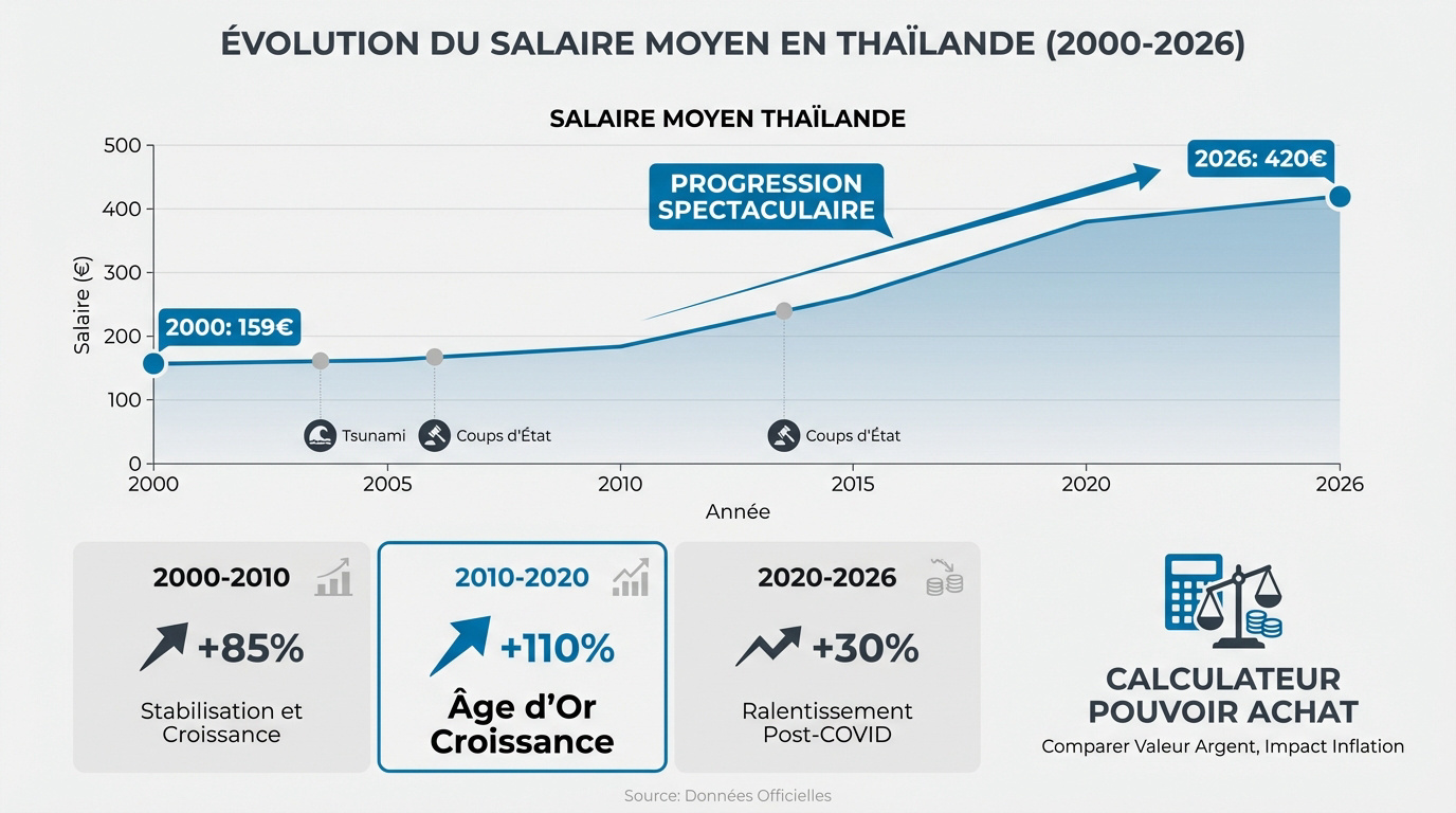 Graphique de l'évolution du salaire moyen en Thaïlande entre 2000 et 2026