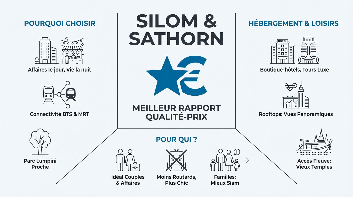 Vue sur les gratte-ciel et les hôtels du quartier de Silom à Bangkok