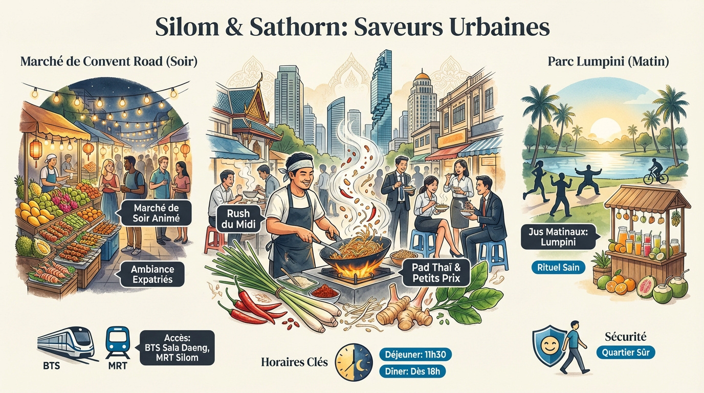 Stands de street food authentiques dans le quartier de Silom à Bangkok