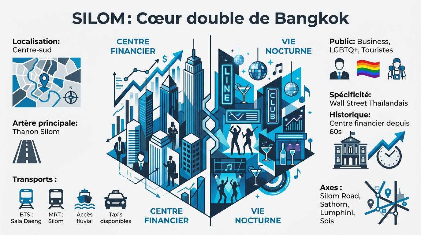 Vue aérienne du quartier de Silom à Bangkok montrant les gratte-ciel et les axes routiers