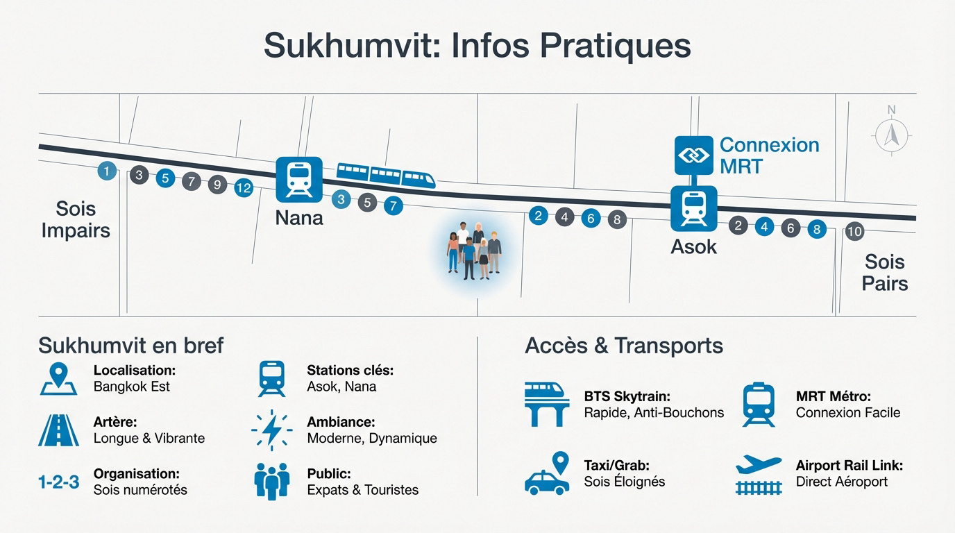 Vue aérienne de l'avenue Sukhumvit à Bangkok avec le BTS Skytrain