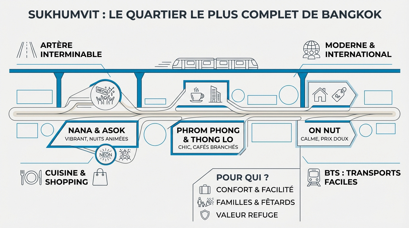 Vue aérienne du quartier de Sukhumvit à Bangkok avec le métro aérien BTS