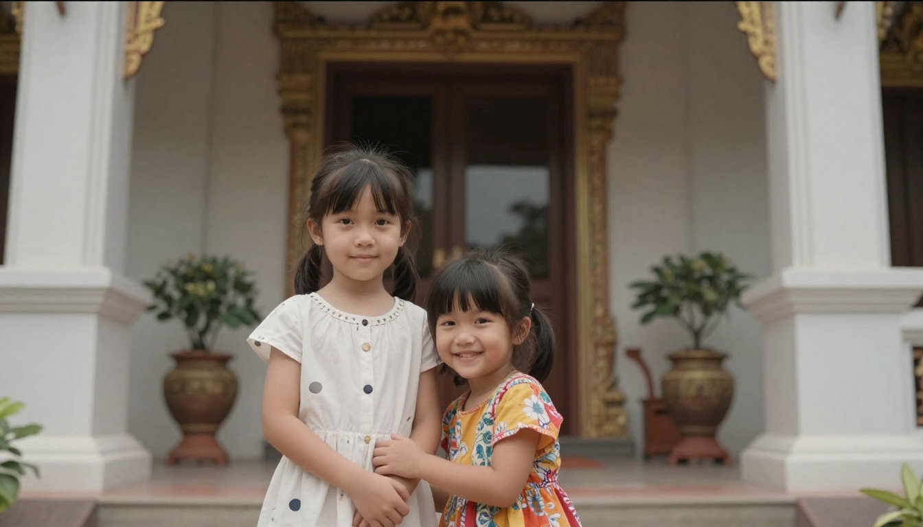 Deux enfants devant un temple à Bangkok