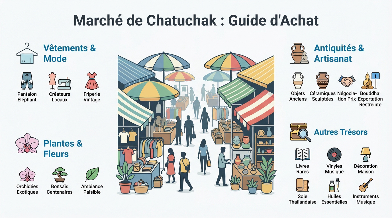 Allées colorées et stands de vêtements au marché de Chatuchak à Bangkok