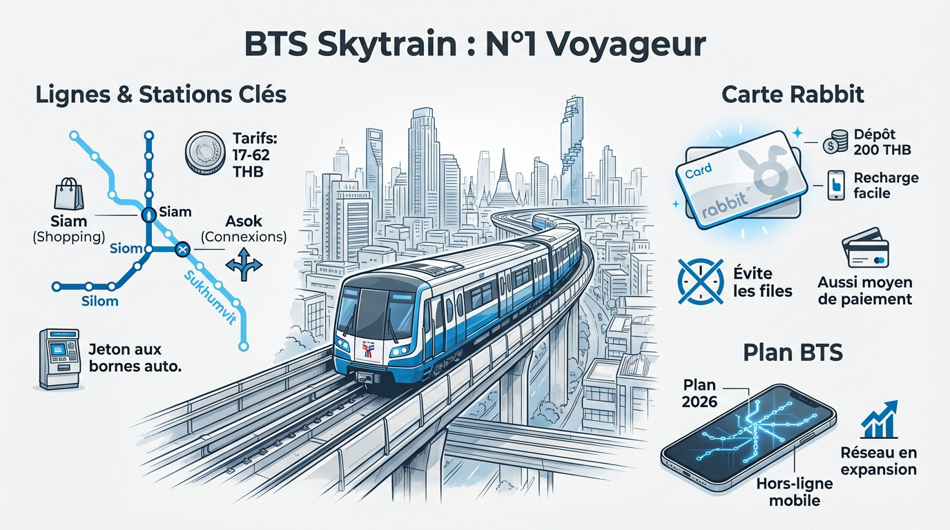 Rame du BTS Skytrain circulant au-dessus des rues de Bangkok