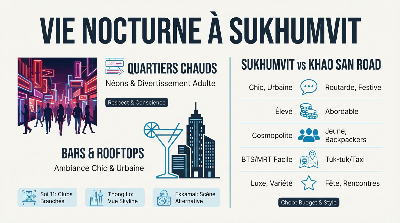 Vie nocturne animée à Sukhumvit Bangkok entre rooftops et quartiers chauds