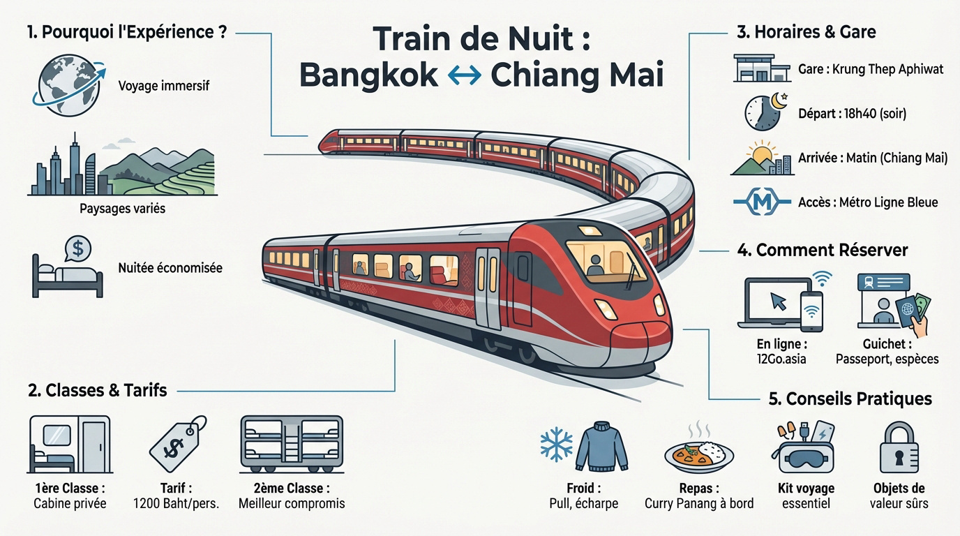 Infographie des options et tarifs du train de nuit entre Bangkok et Chiang Mai