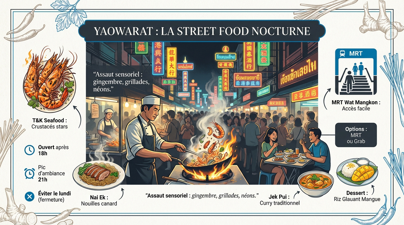Époustouflante street food nocturne dans le quartier de Yaowarat à Bangkok