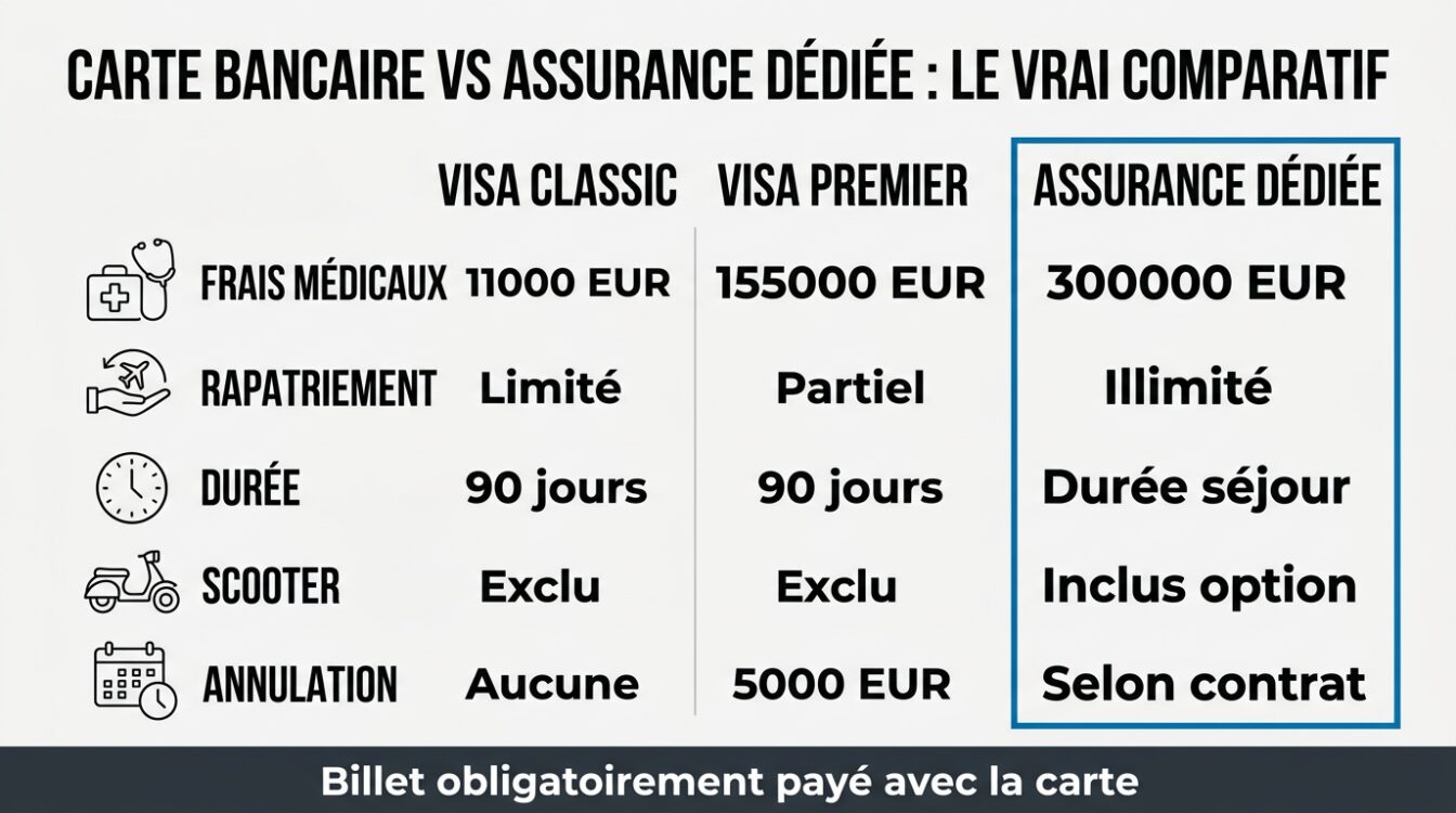 Infographie comparatif cartes bancaires Visa Classic vs Premier vs assurance voyage Thaïlande