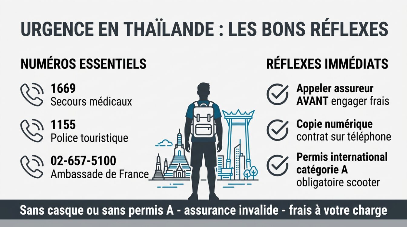Infographie réflexes urgence en Thaïlande : numéros essentiels et bons gestes