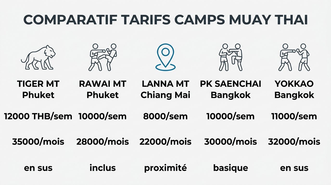 Comparatif des tarifs hebdomadaires et mensuels des camps de muay thai en Thaïlande
