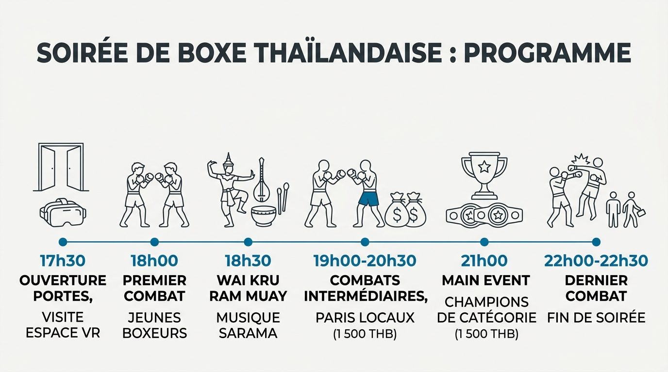 Programme type d'une soirée de combats de boxe thai au Rajadamnern