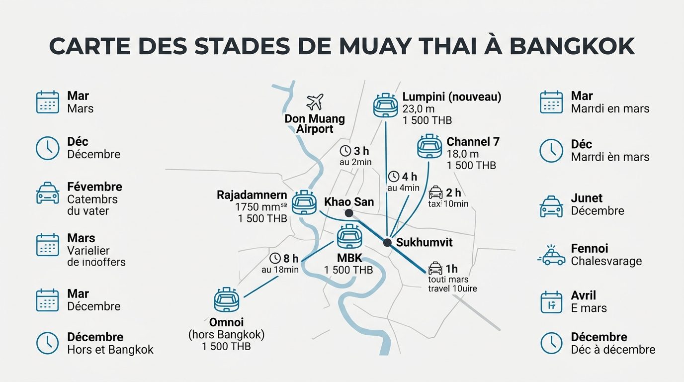 Localisation des cinq stades de boxe thai sur la carte de Bangkok