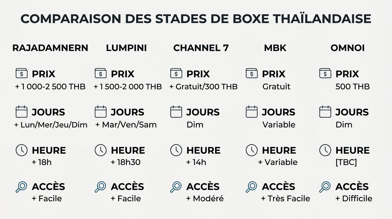 Tableau comparatif des cinq stades de boxe thai à Bangkok avec prix et horaires