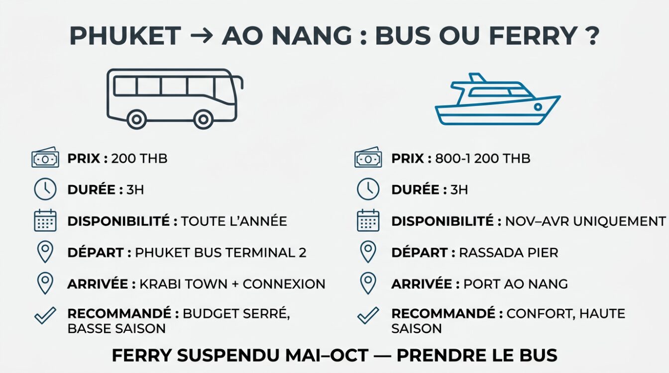 Comparatif bus et ferry depuis Phuket vers Ao Nang selon la saison