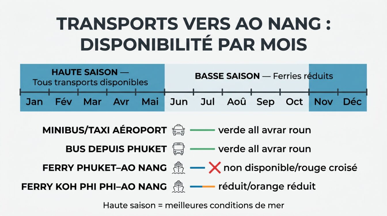 Calendrier disponibilité ferries vers Ao Nang haute et basse saison
