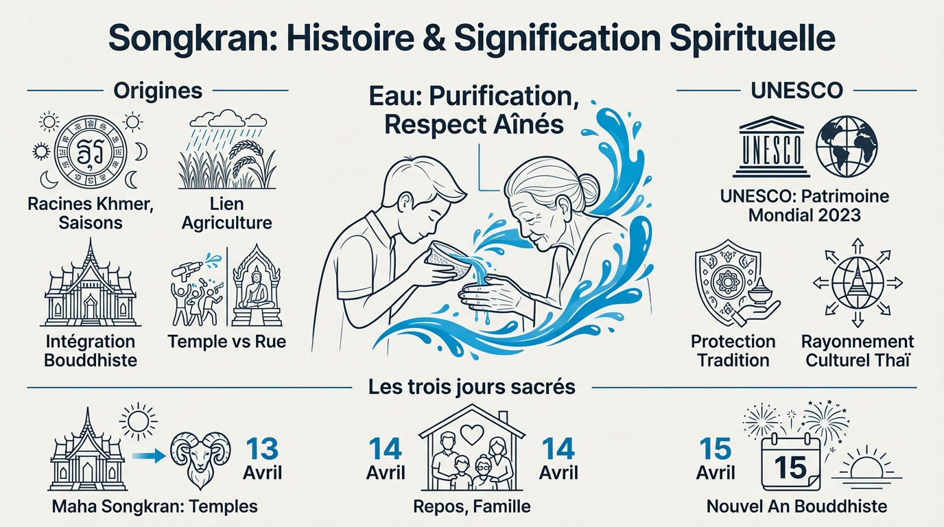 Célébration traditionnelle de Songkran en Thaïlande avec rituels de l'eau