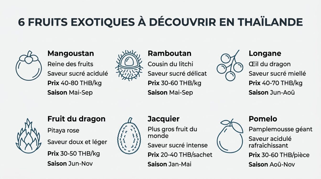 Guide visuel de six fruits exotiques thaïlandais avec prix et saveurs