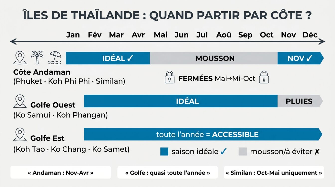 Calendrier des meilleures saisons pour les iles de Thailande selon la cote Andaman ou Golfe