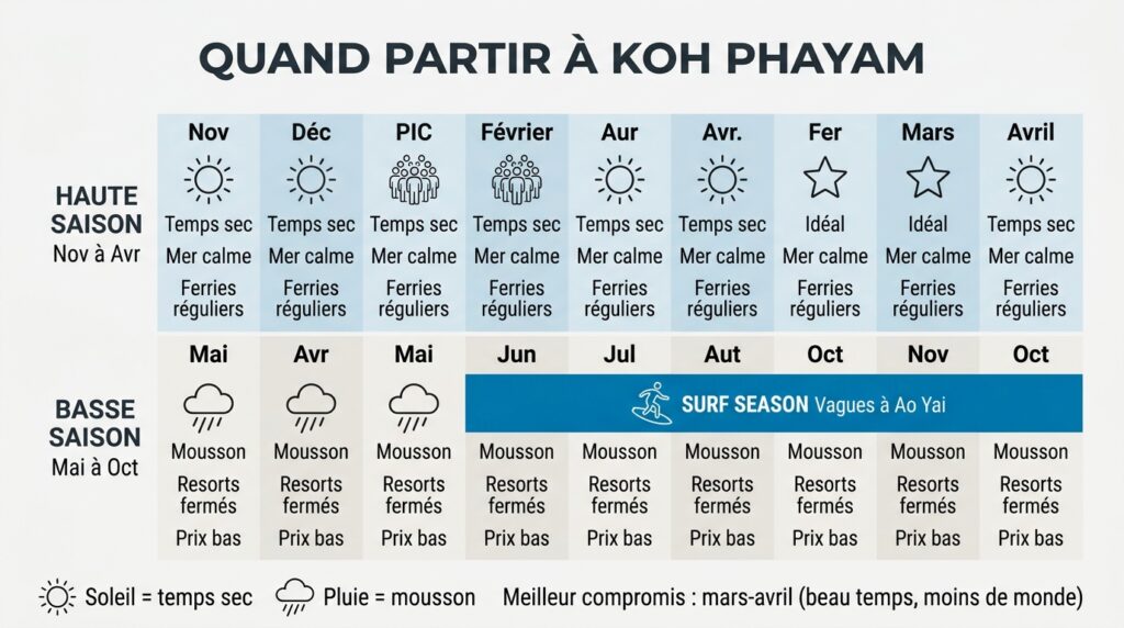 Calendrier des saisons à Koh Phayam avec météo, surf et fréquentation par mois