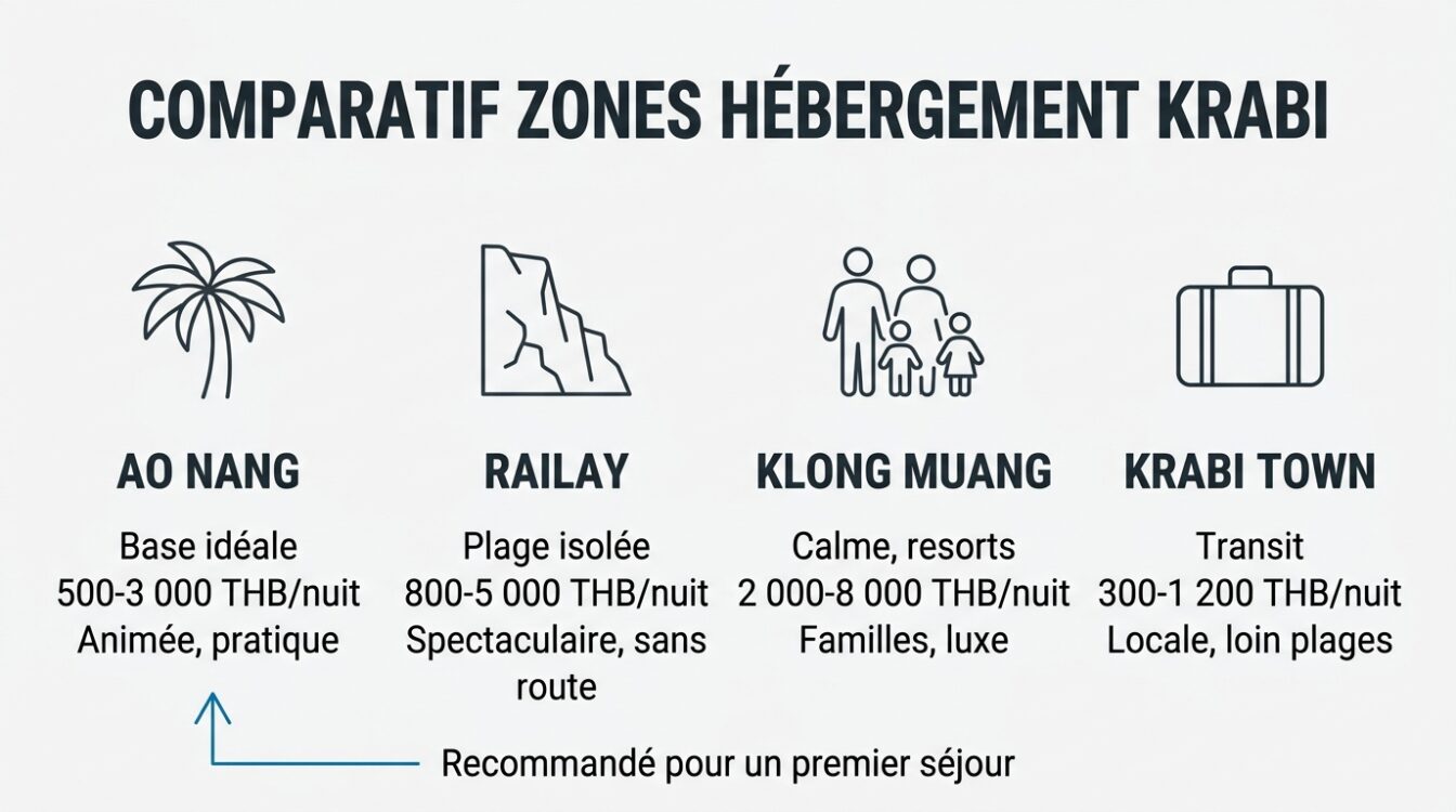 Comparatif des quatre zones où dormir à Krabi : Ao Nang, Railay, Klong Muang et Krabi Town avec budget et ambiance