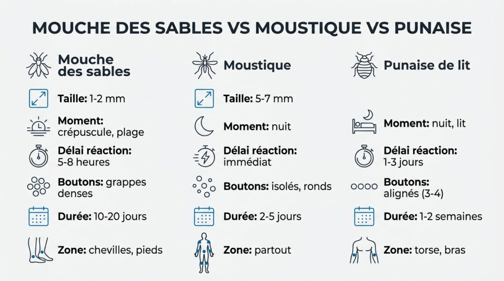 Comparatif visuel entre piqure de mouche des sables, moustique et punaise de lit en Thaïlande