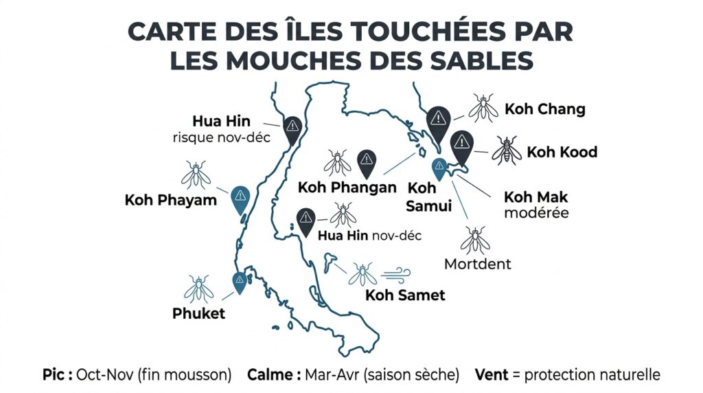 Carte des iles de Thaïlande touchées par les mouches des sables avec niveau de risque par destination