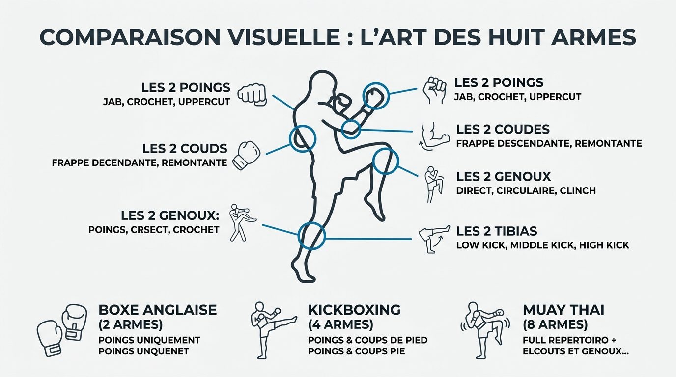 Schéma des 8 points de contact utilisés en muay thai : poings, coudes, genoux, tibians