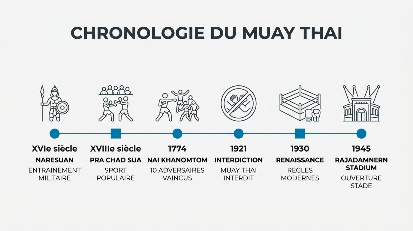 Frise chronologique des dates cles du muay thai, du XVIe siecle a nos jours
