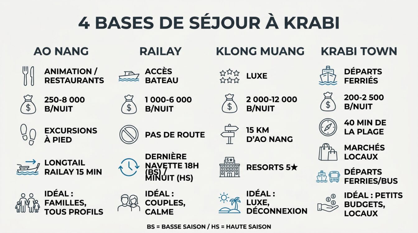 Comparatif 4 bases séjour Krabi pour hôtel ao nang : Ao Nang, Railay, Klong Muang, Krabi Town