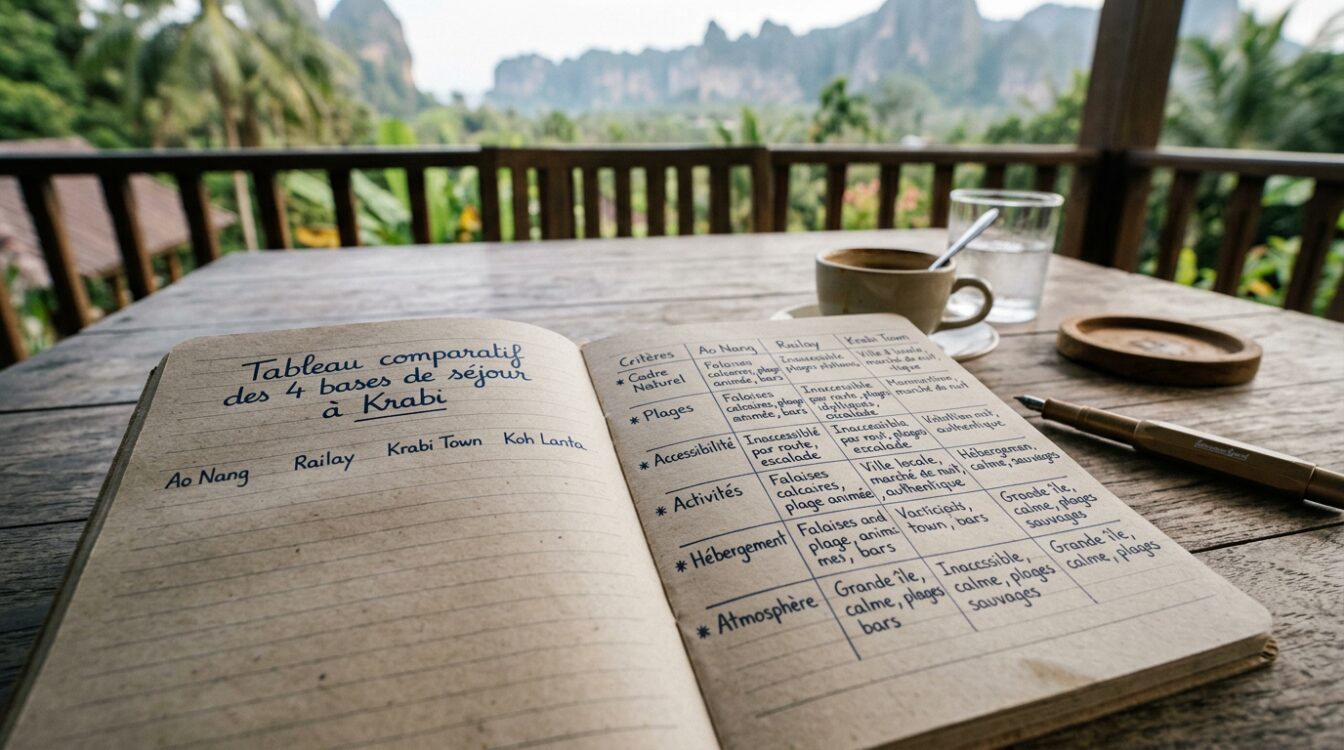 Vue aérienne hôtel ao nang et presqu'île Railay Beach falaises Krabi