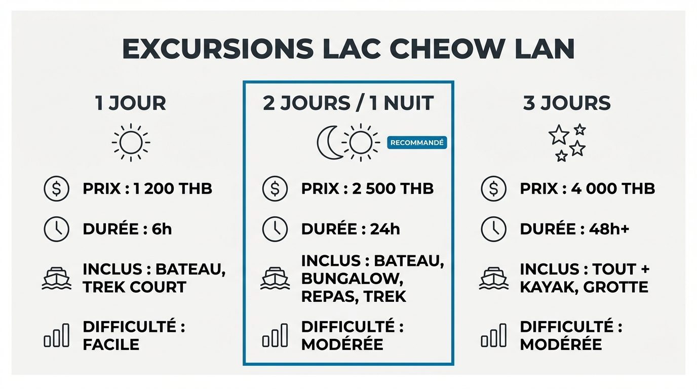 Comparatif des formules excursion au lac Cheow Lan dans le parc de Khao Sok