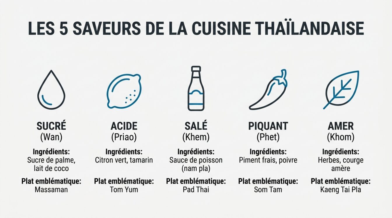 Les cinq saveurs de la cuisine thaïlandaise avec exemples de plats et ingrédients