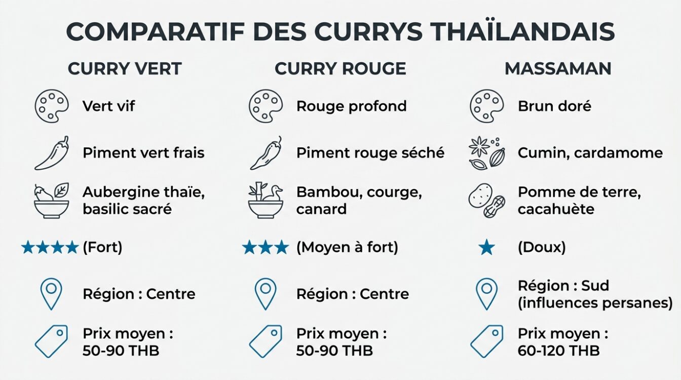 Comparatif des currys thaïlandais vert, rouge et massaman avec épices et niveaux de piquant