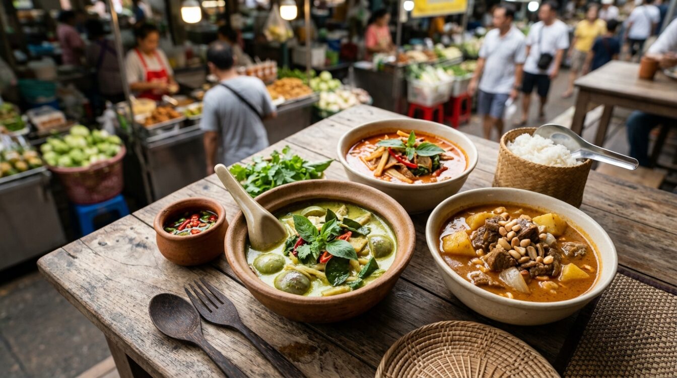 Les currys thaïlandais (vert, rouge, massaman), Plats Thailandais