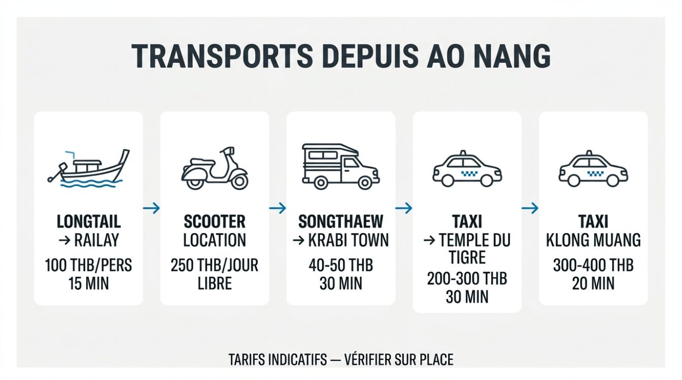 Transports depuis Ao Nang : longtail Railay, scooter, songthaew, taxi