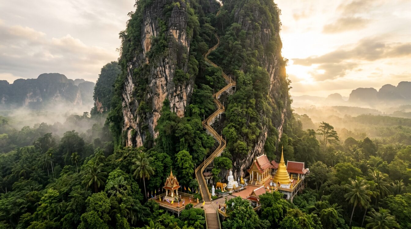 Wat Tham Suea - Temple du Tigre de Krabi, falaise calcaire et escalier de 1 260 marches