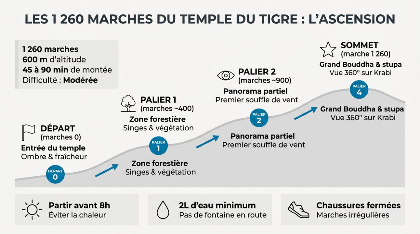 Infographie profil ascension temple du tigre Krabi : 1 260 marches, 4 paliers, 45 à 90 minutes de montée